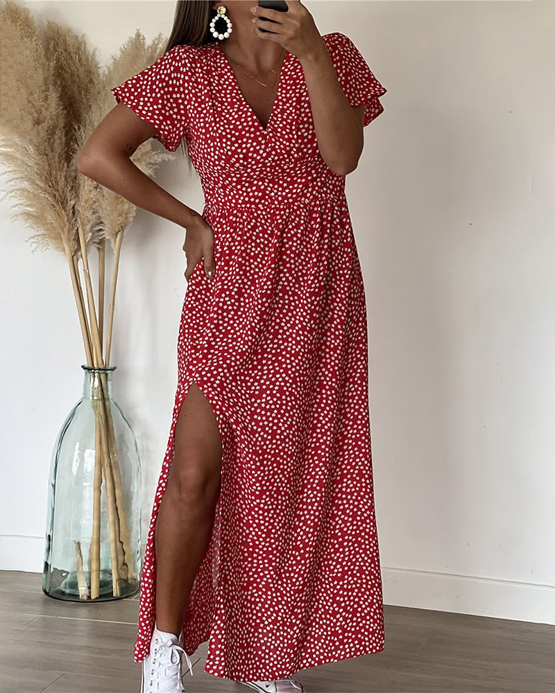 Womens Maxi Dress V Neck Floral Ruffle Sleeve Side Split