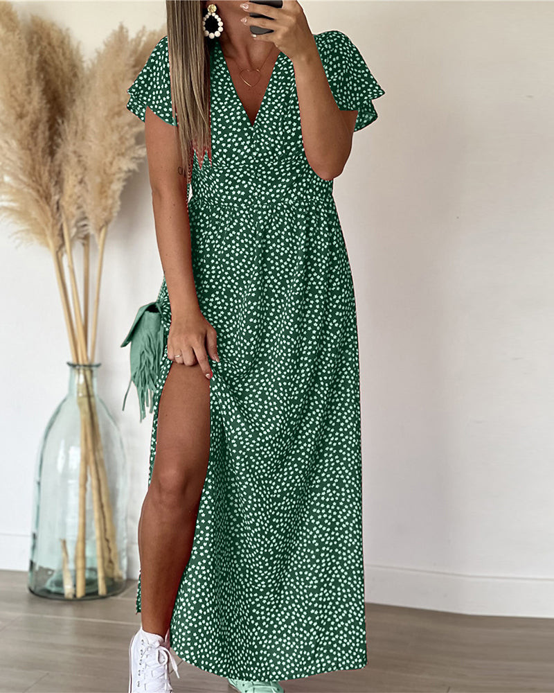 Womens Maxi Dress V Neck Floral Ruffle Sleeve Side Split