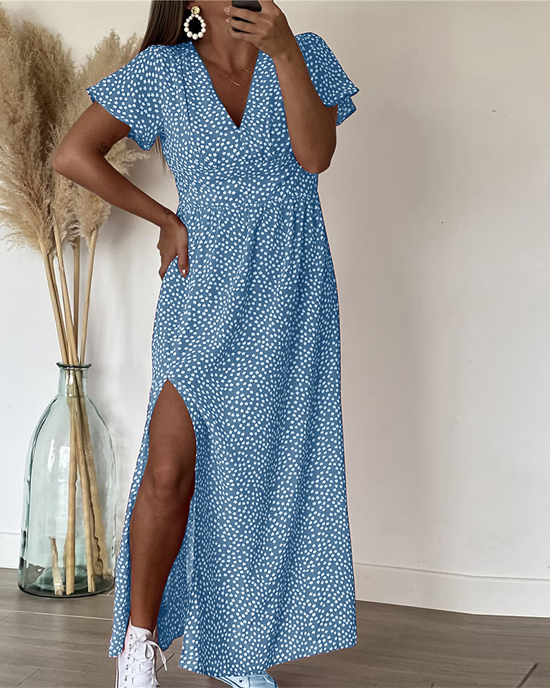 Womens Maxi Dress V Neck Floral Ruffle Sleeve Side Split