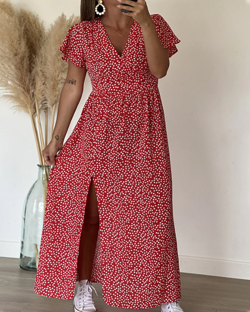 Womens Maxi Dress V Neck Floral Ruffle Sleeve Side Split