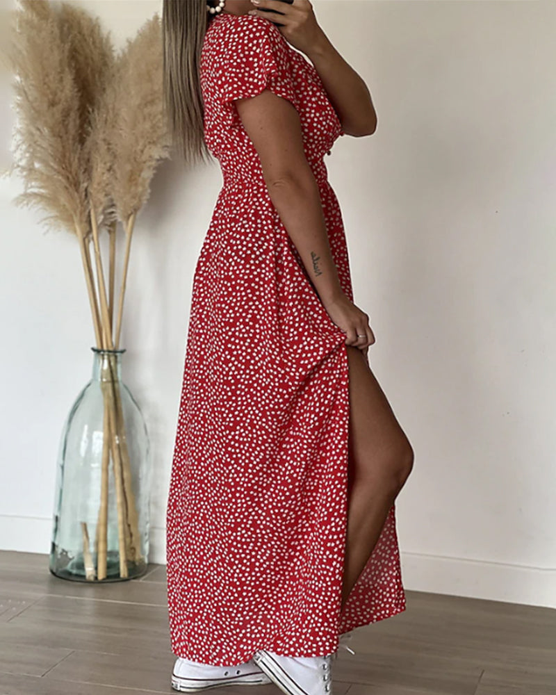 Womens Maxi Dress V Neck Floral Ruffle Sleeve Side Split