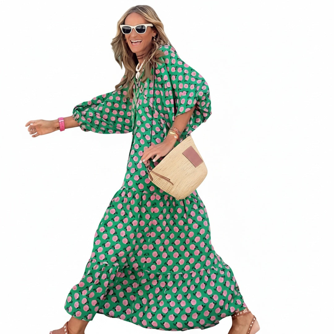 Womens Oversized Maxi Dress V Neck Floral Puff Sleeve