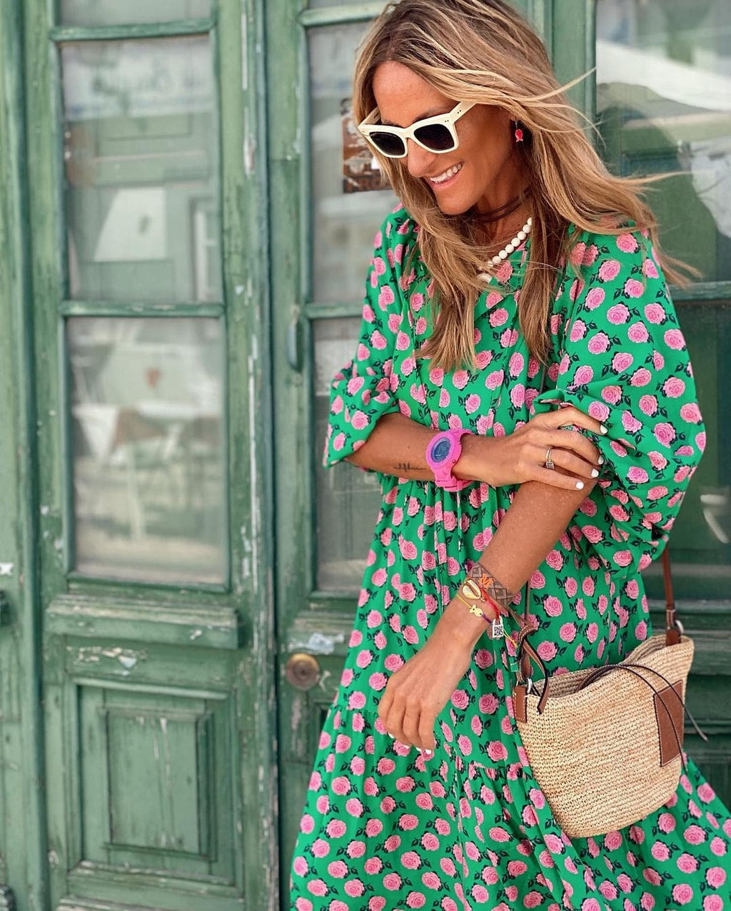 Womens Oversized Maxi Dress V Neck Floral Puff Sleeve