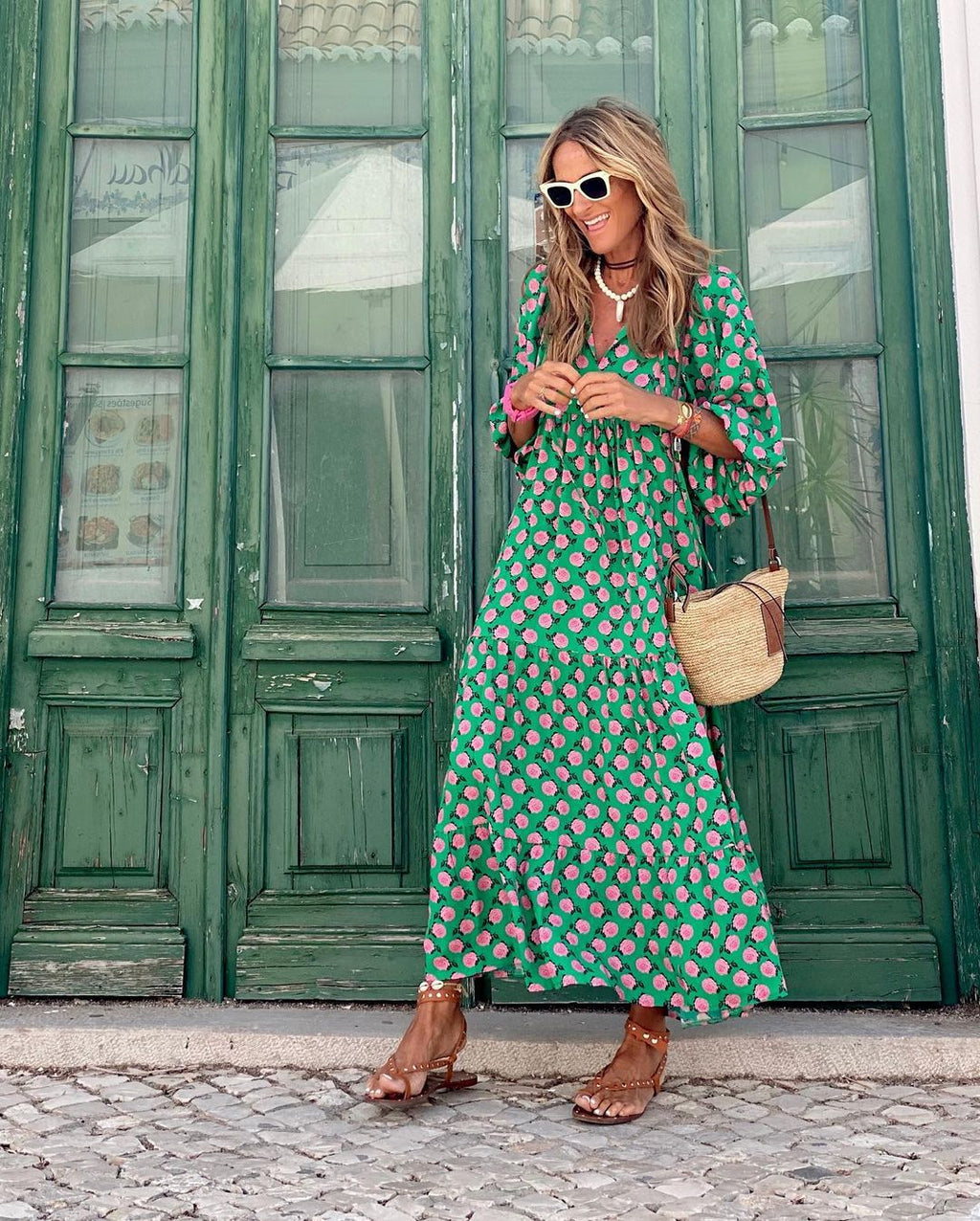 Womens Oversized Maxi Dress V Neck Floral Puff Sleeve