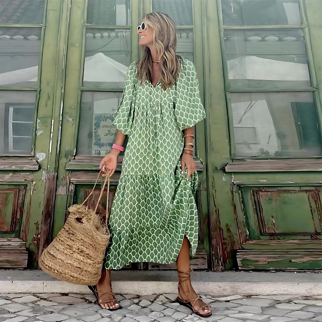 Womens Oversized Maxi Dress V Neck Floral Puff Sleeve