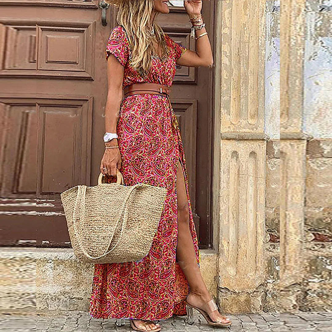 Womens Boho Maxi Dress V Neck Print Short Sleeve Side Split