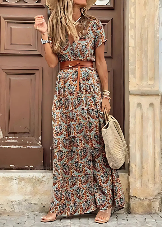 Womens Boho Maxi Dress V Neck Print Short Sleeve Side Split