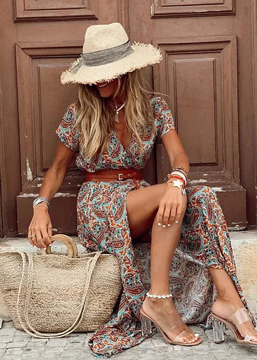 Womens Boho Maxi Dress V Neck Print Short Sleeve Side Split