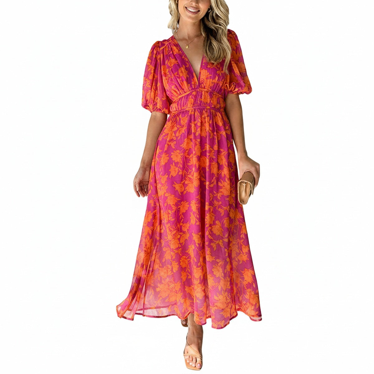 Womens Maxi Dress V Neck Puff Sleeve Floral A Line