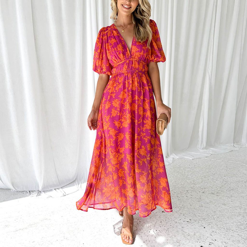 Womens Maxi Dress V Neck Puff Sleeve Floral A Line