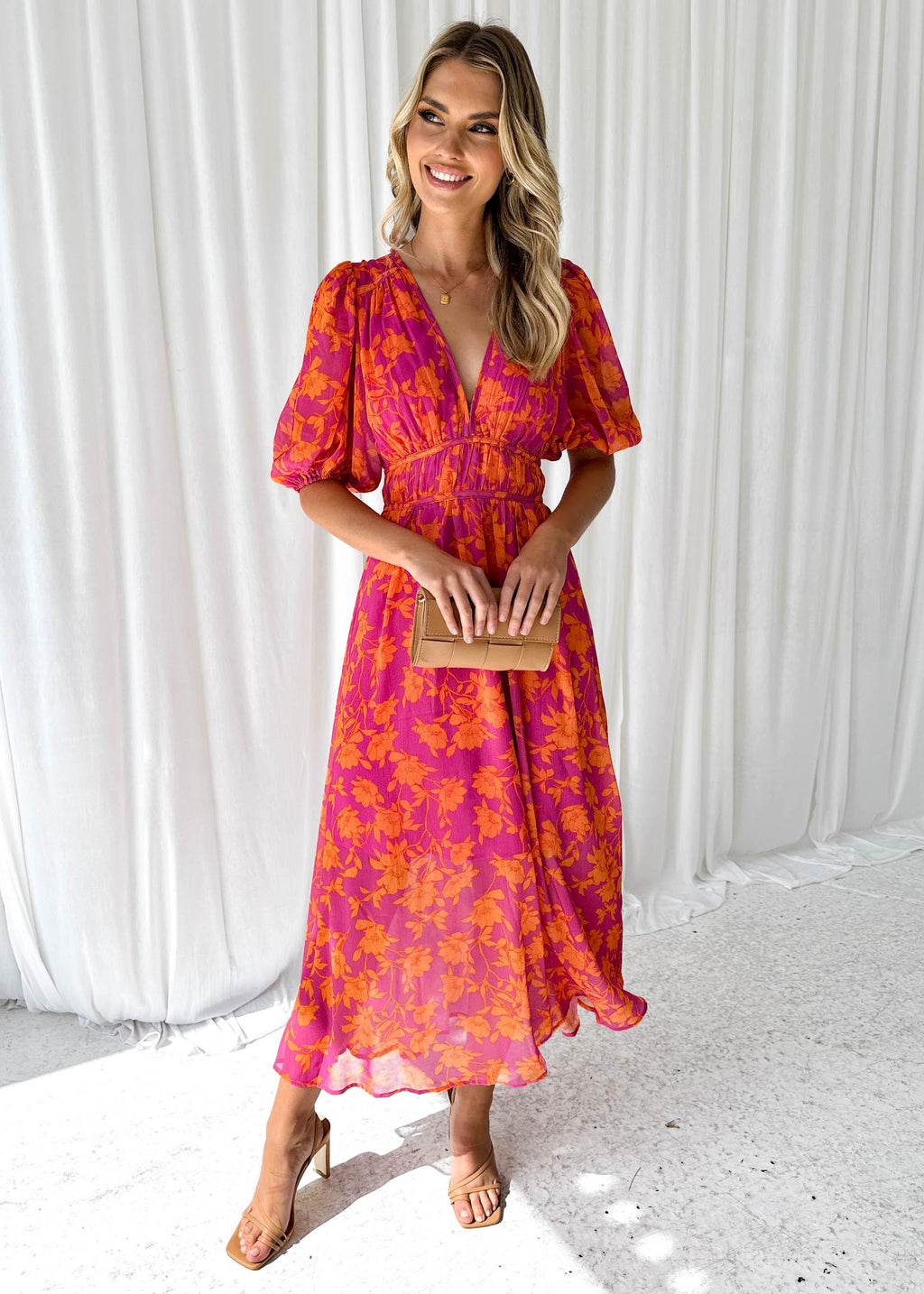Womens Maxi Dress V Neck Puff Sleeve Floral A Line