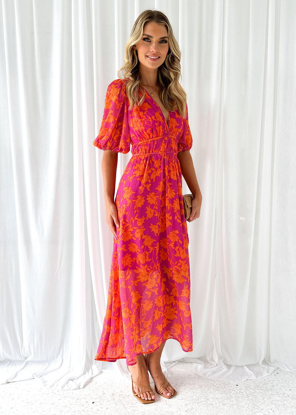 Womens Maxi Dress V Neck Puff Sleeve Floral A Line