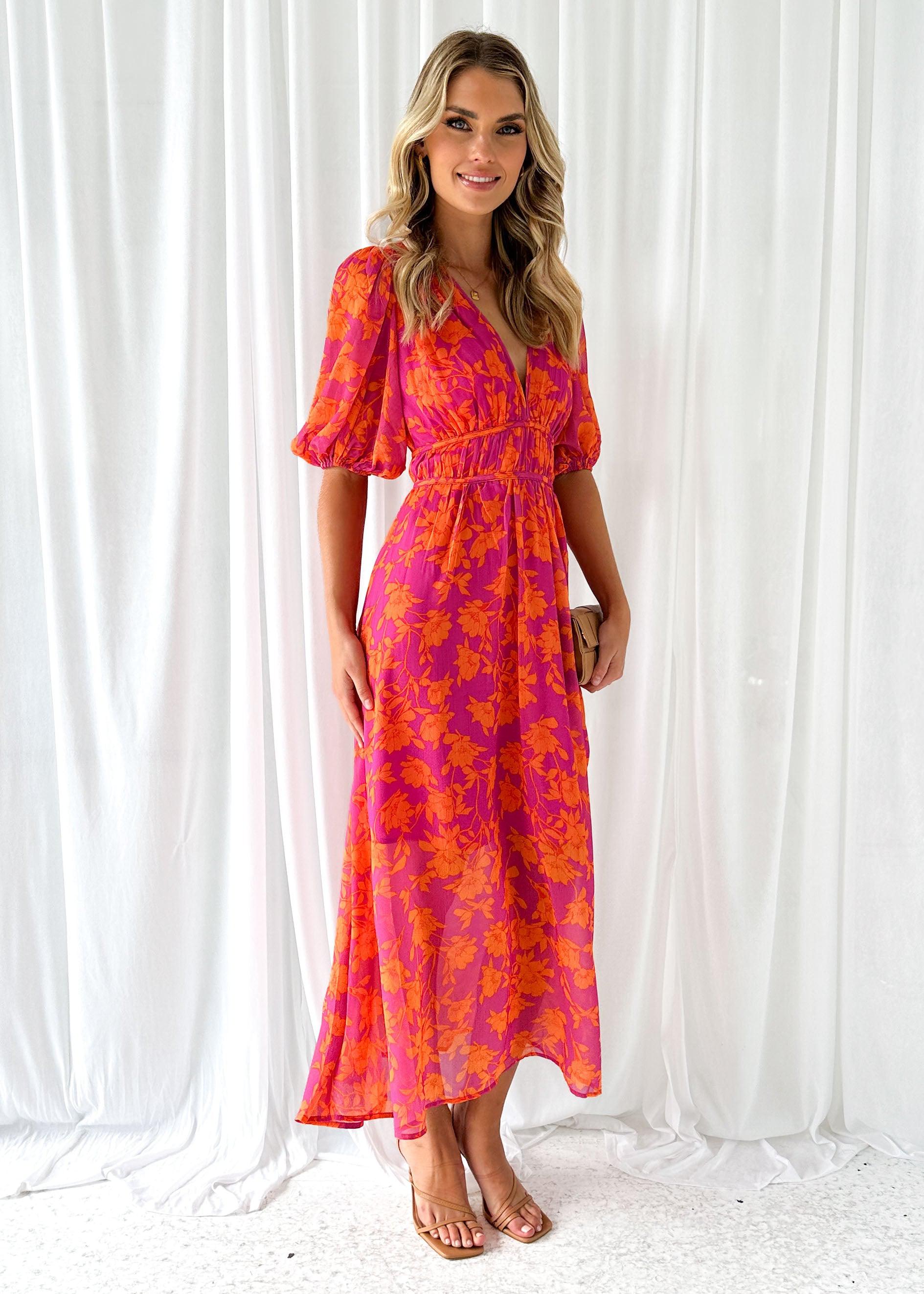 Womens Maxi Dress V Neck Puff Sleeve Floral A Line
