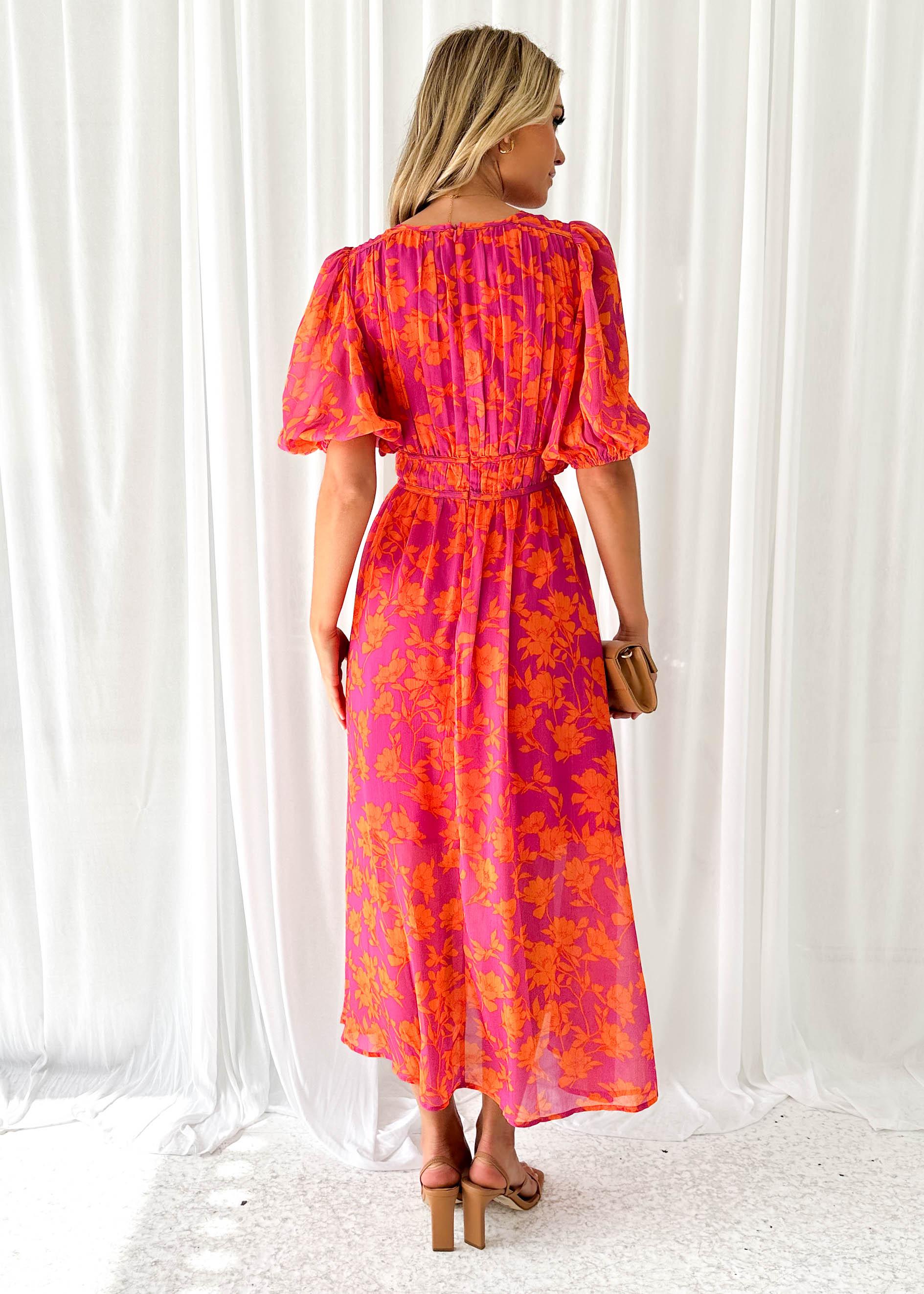 Womens Maxi Dress V Neck Puff Sleeve Floral A Line