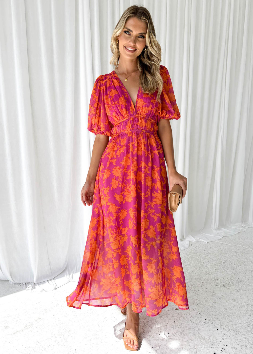 Womens Maxi Dress V Neck Puff Sleeve Floral A Line