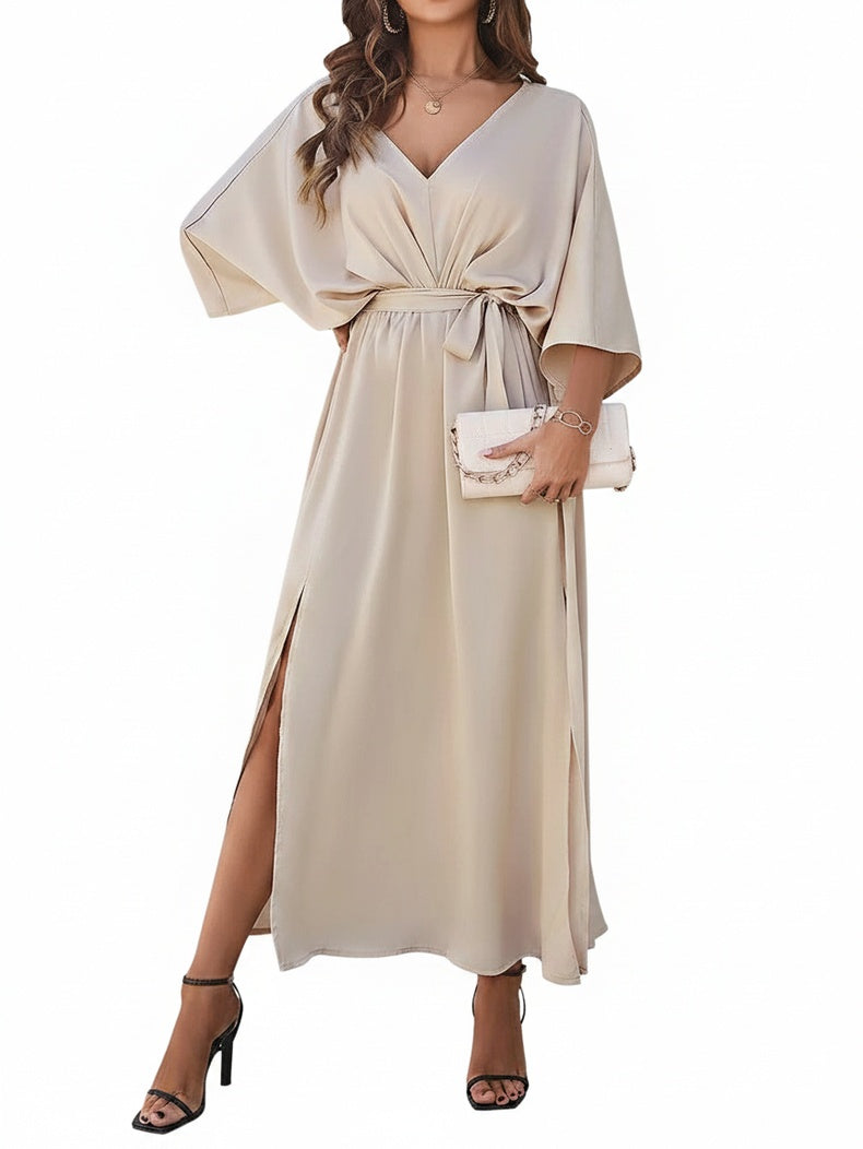Womens Maxi Dress V Neck Batwing Sleeve Tie Belt Split