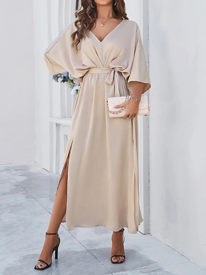 Womens Maxi Dress V Neck Batwing Sleeve Tie Belt Split