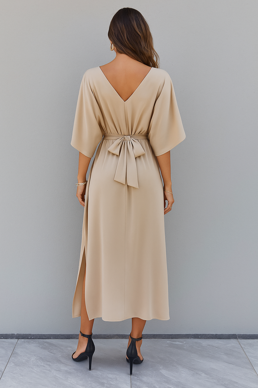 Womens Maxi Dress V Neck Batwing Sleeve Tie Belt Split