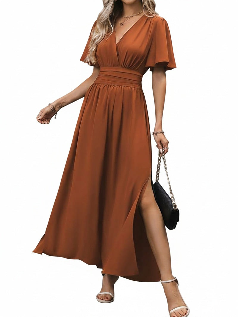 Womens Maxi Dress V Neck Butterfly Sleeve High Waist Split