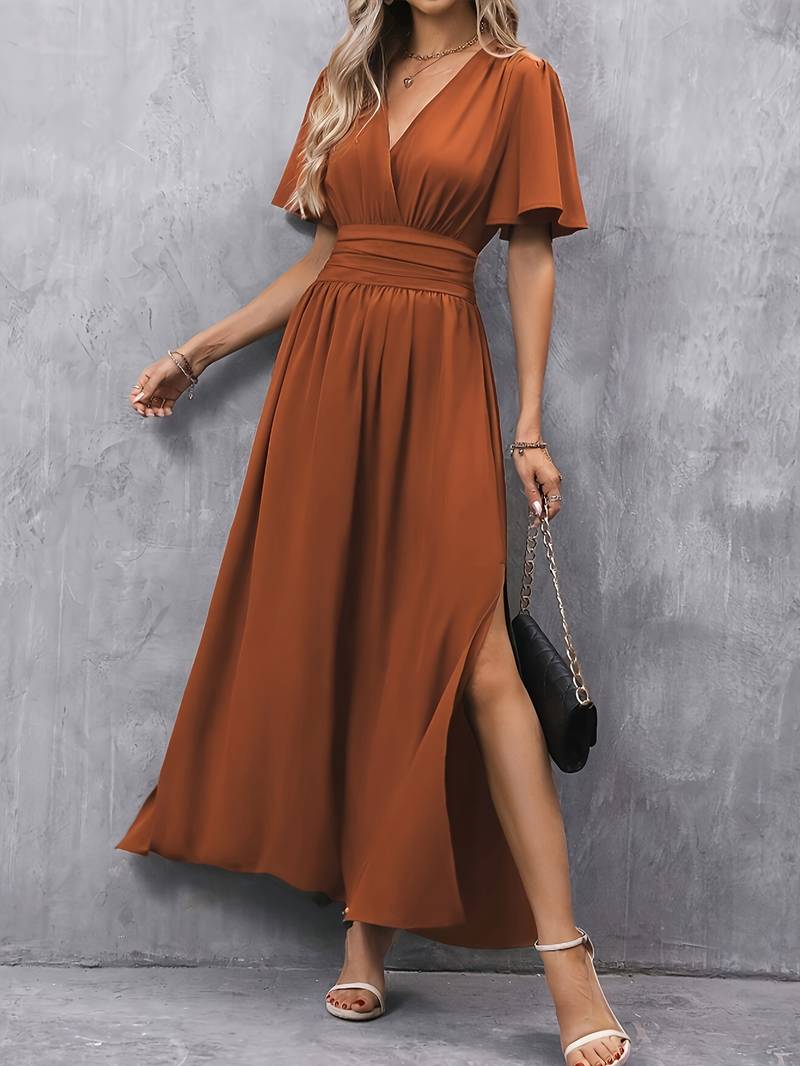 Womens Maxi Dress V Neck Butterfly Sleeve High Waist Split