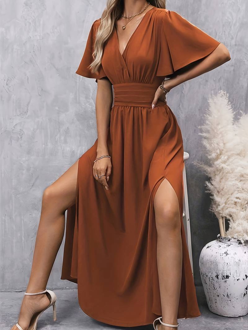 Womens Maxi Dress V Neck Butterfly Sleeve High Waist Split