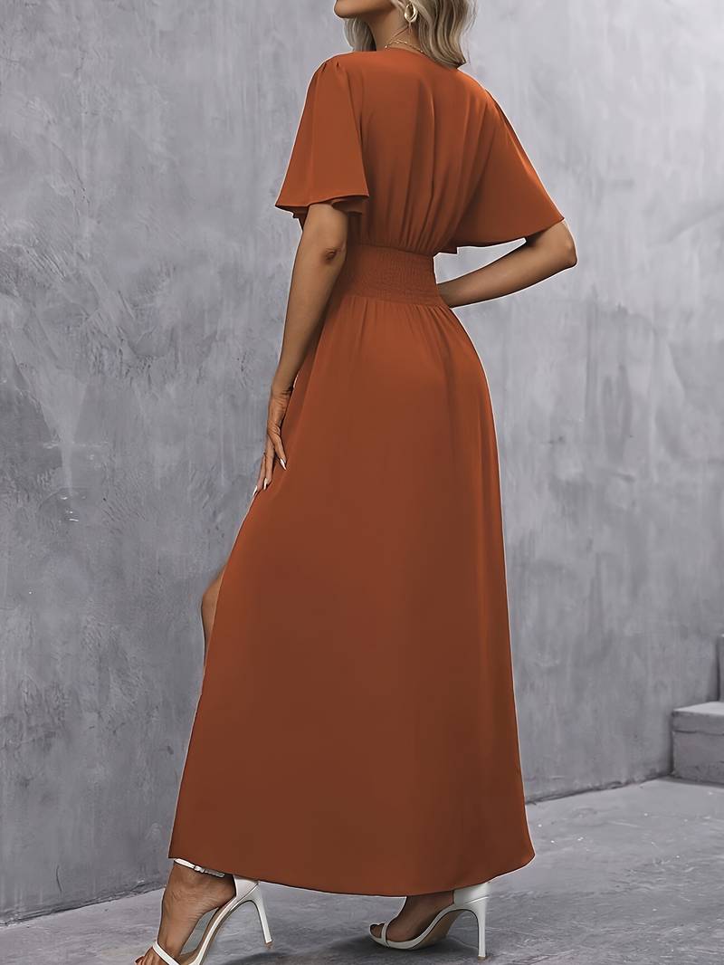 Womens Maxi Dress V Neck Butterfly Sleeve High Waist Split