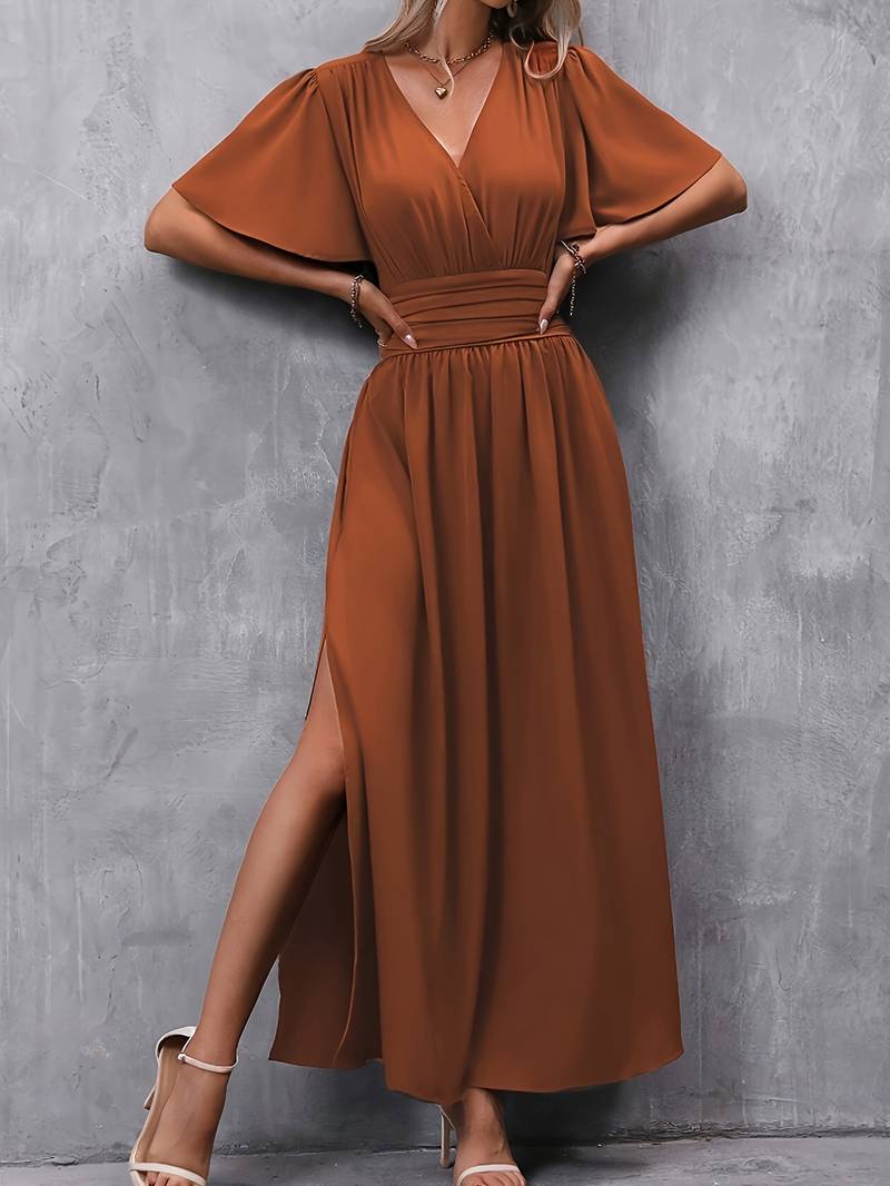 Womens Maxi Dress V Neck Butterfly Sleeve High Waist Split