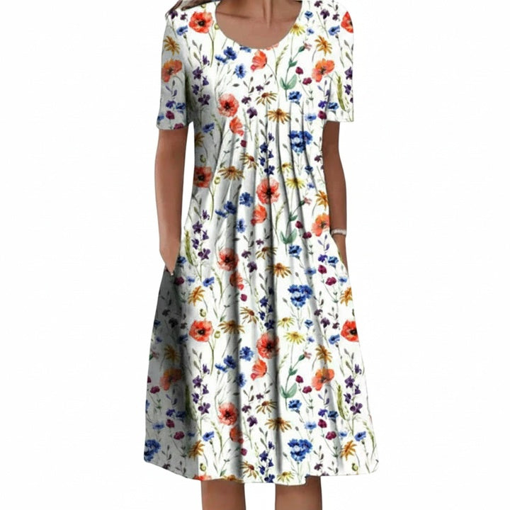 Womens Midi Dress Round Neck Short Sleeve Floral Print