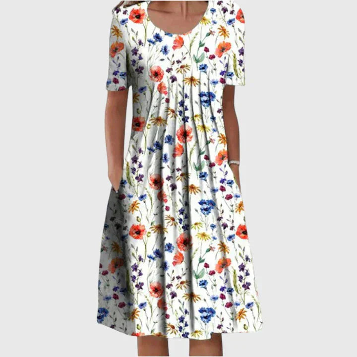 Womens Midi Dress Round Neck Short Sleeve Floral Print