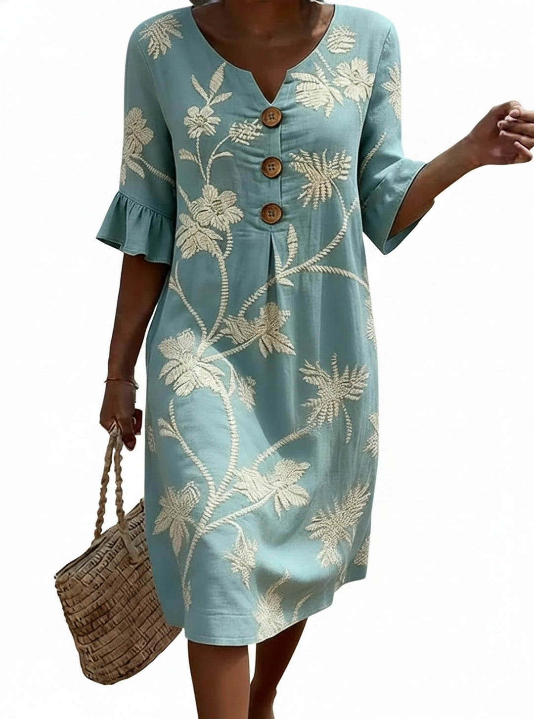 Womens Midi Dress Floral Print V Neck Button