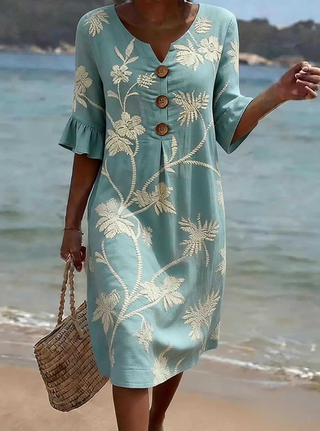 Womens Midi Dress Floral Print V Neck Button