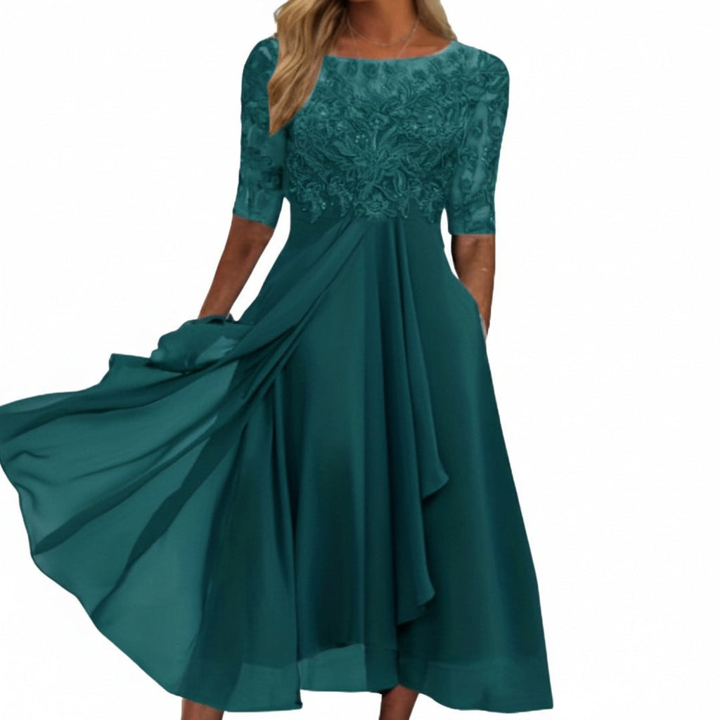 Womens Midi Dress Lace Bodice Half Sleeve Wedding Guest