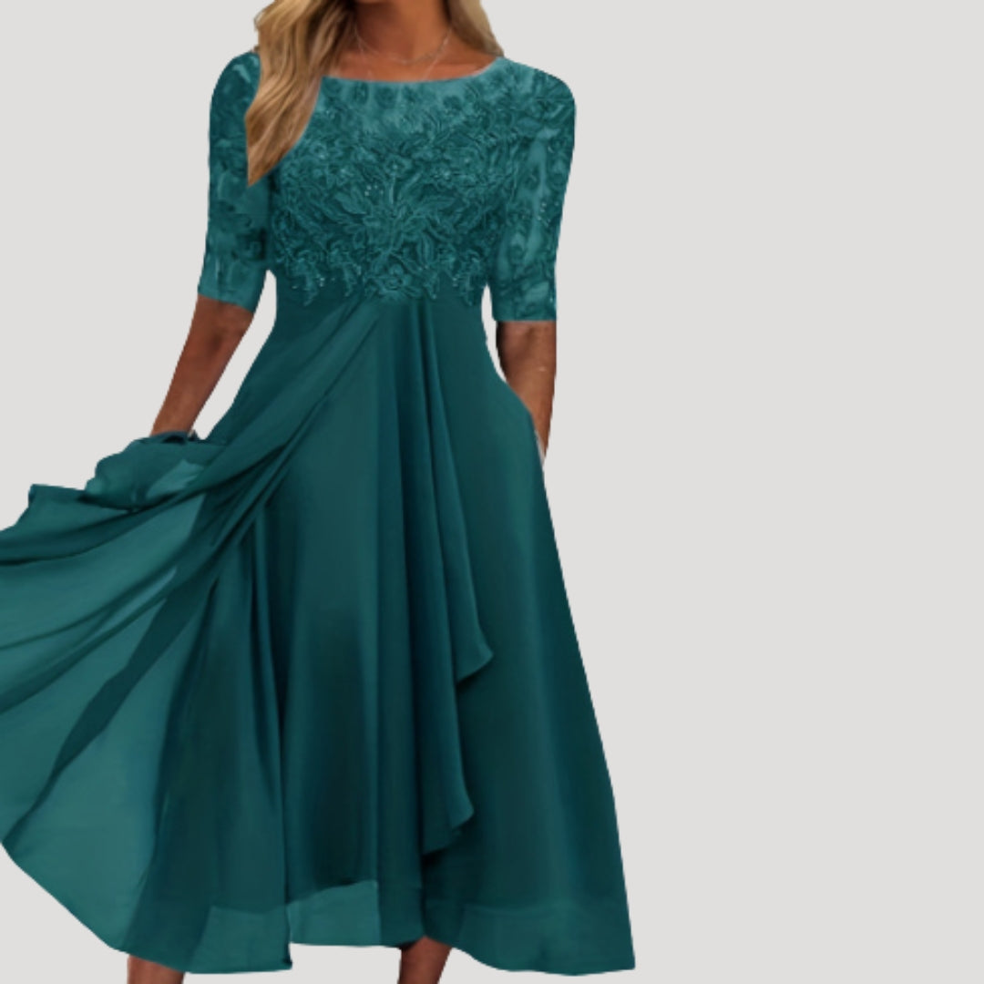 Womens Midi Dress Lace Bodice Half Sleeve Wedding Guest