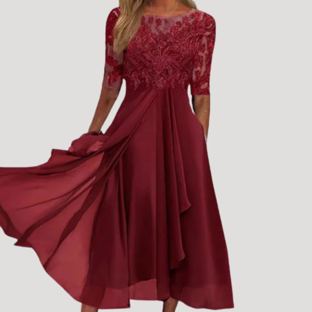 Womens Midi Dress Lace Bodice Half Sleeve Wedding Guest
