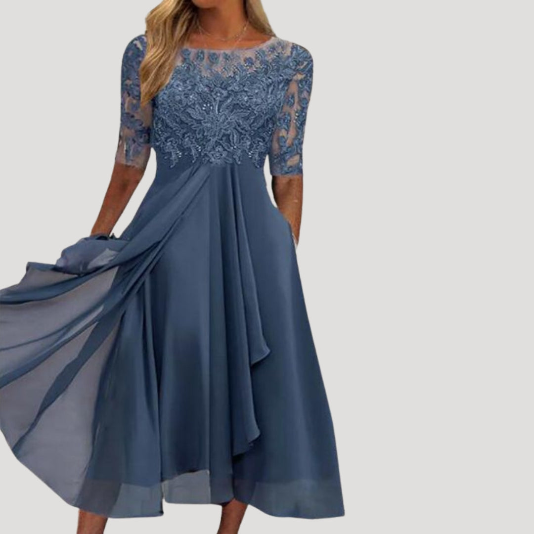 Womens Midi Dress Lace Bodice Half Sleeve Wedding Guest