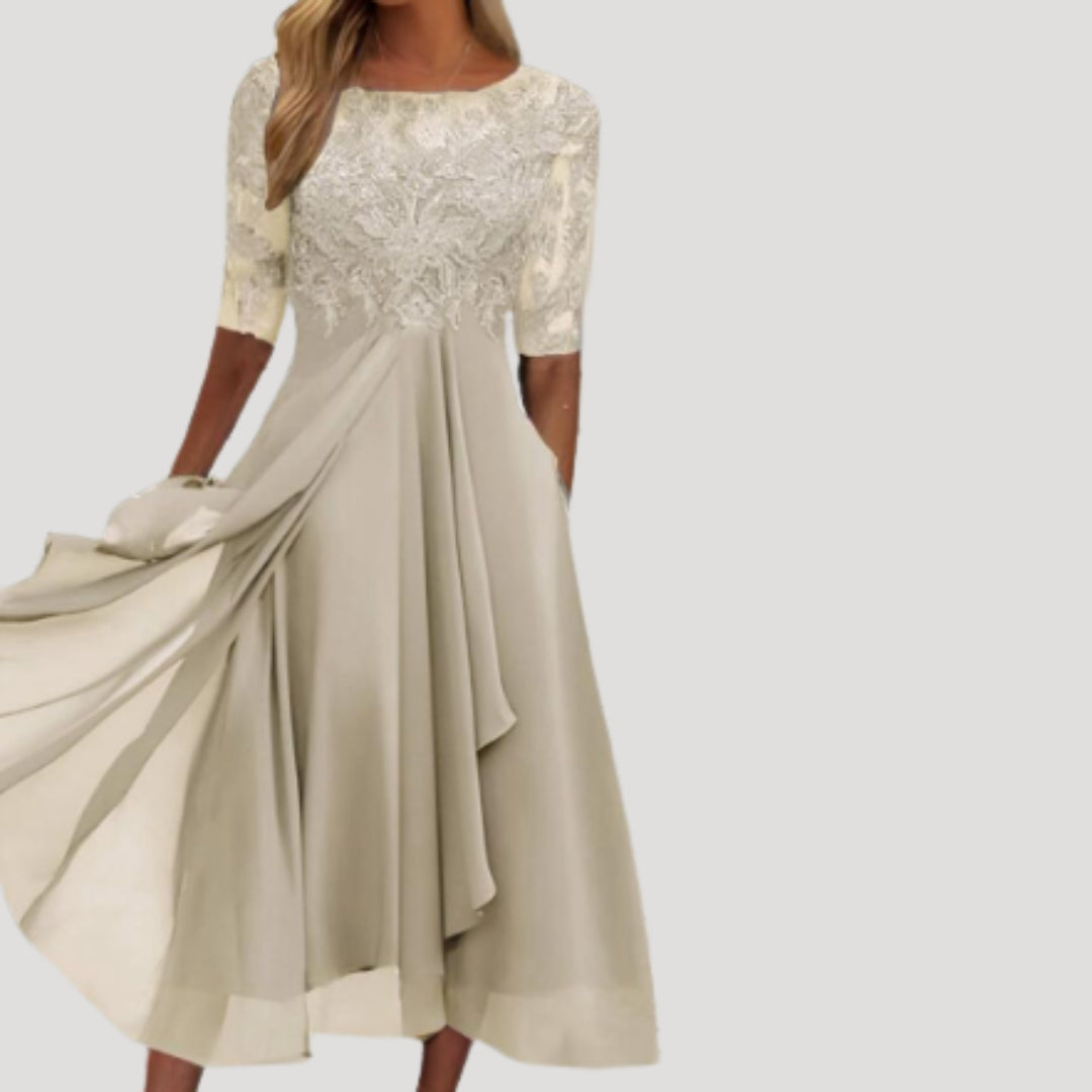 Womens Midi Dress Lace Bodice Half Sleeve Wedding Guest