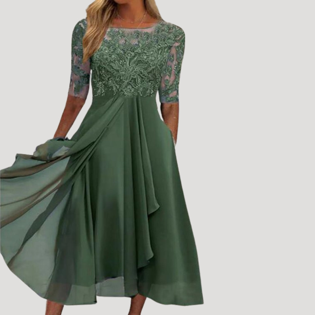Womens Midi Dress Lace Bodice Half Sleeve Wedding Guest