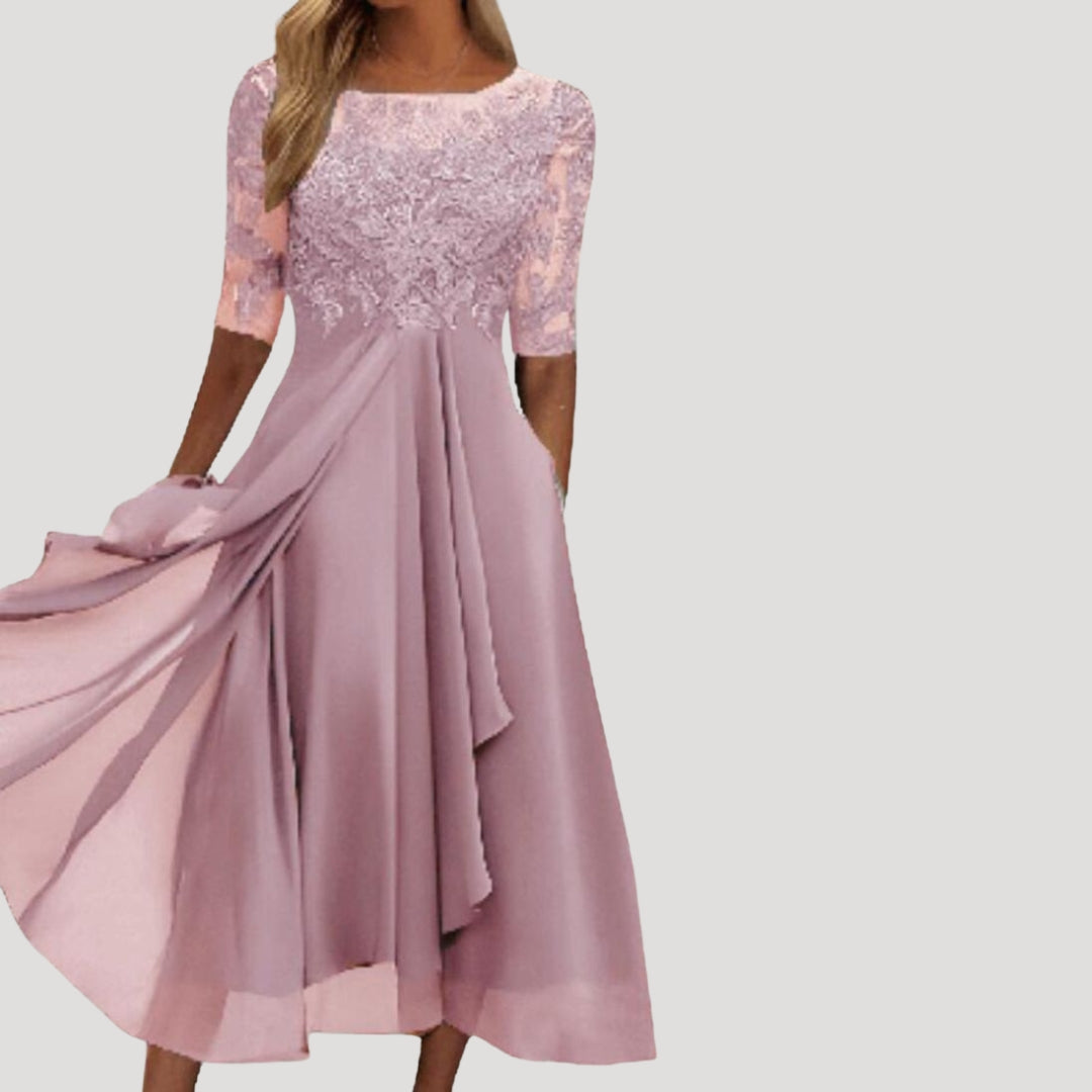 Womens Midi Dress Lace Bodice Half Sleeve Wedding Guest