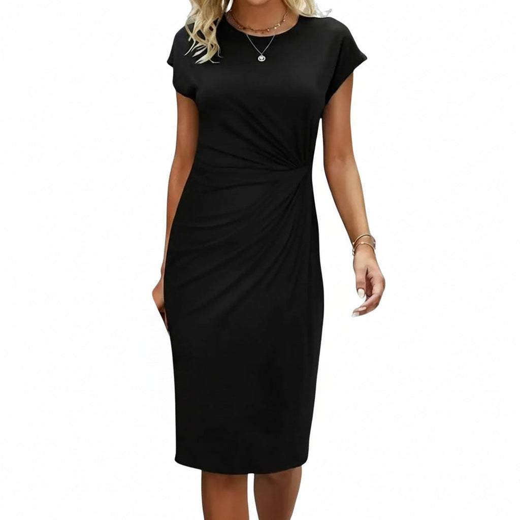 Womens Midi Dress Round Neck Short Sleeve Draped Waist