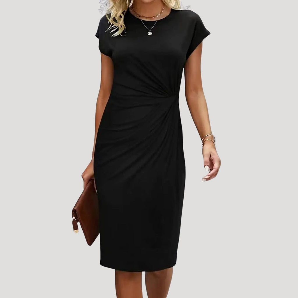 Womens Midi Dress Round Neck Short Sleeve Draped Waist
