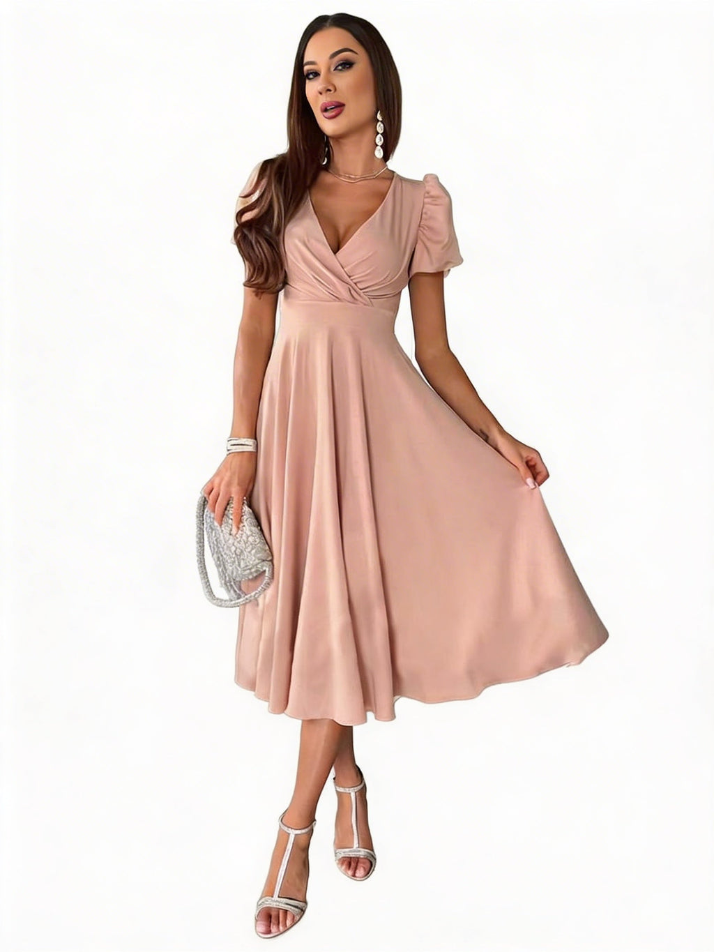 Womens Midi Dress Puff Sleeve Flared Skirt