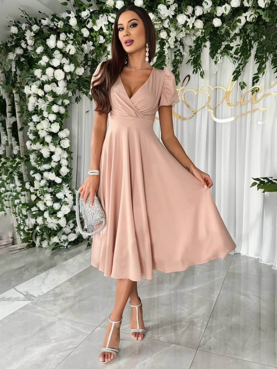 Womens Midi Dress Puff Sleeve Flared Skirt