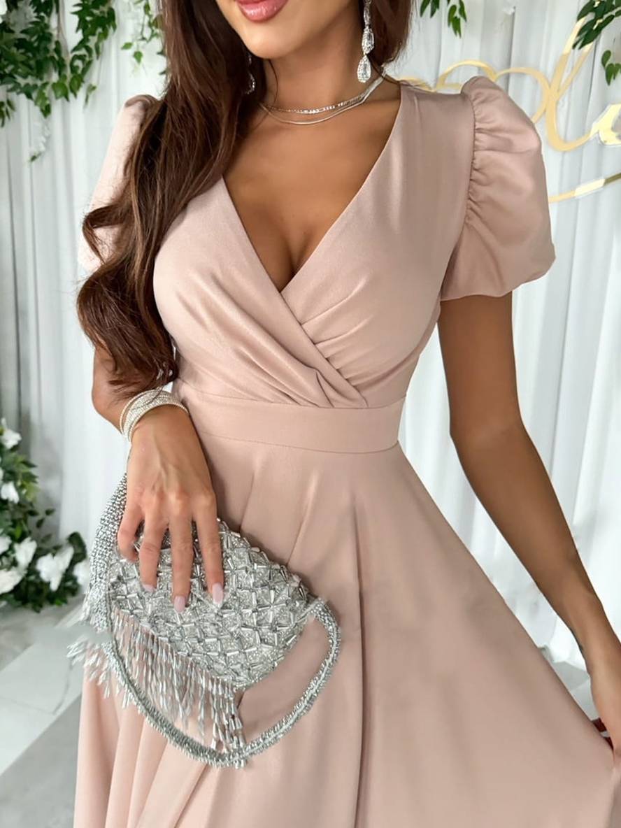 Womens Midi Dress Puff Sleeve Flared Skirt