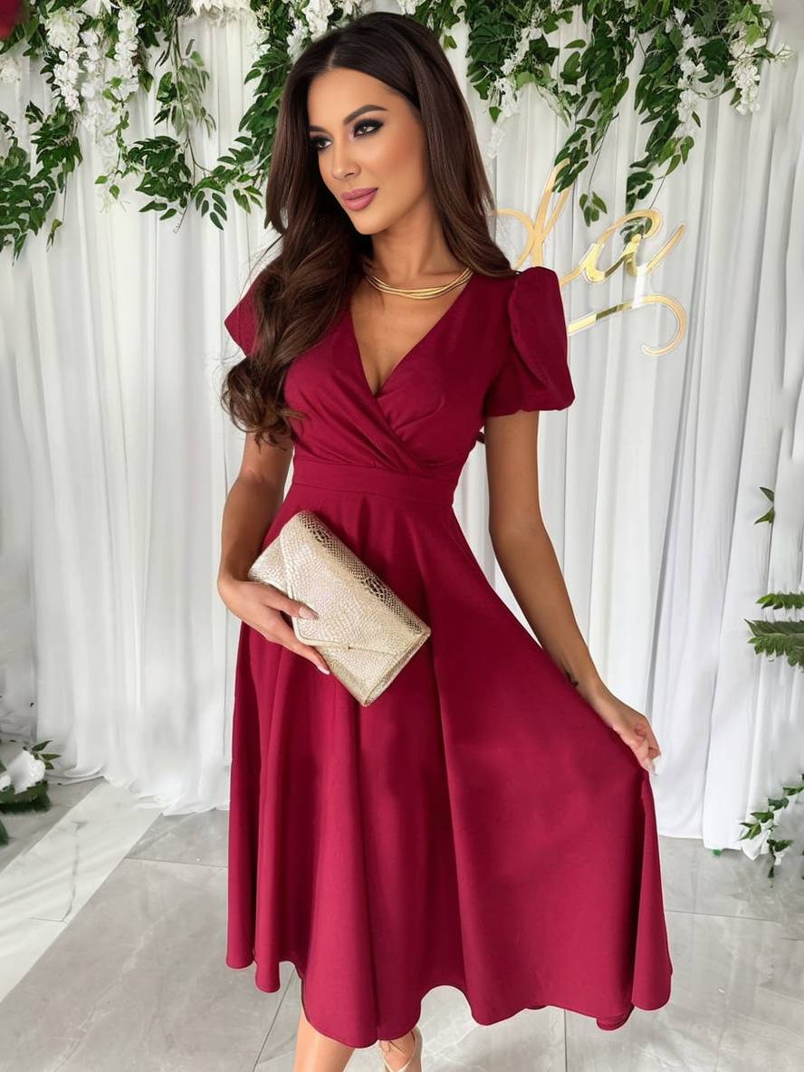 Womens Midi Dress Puff Sleeve Flared Skirt