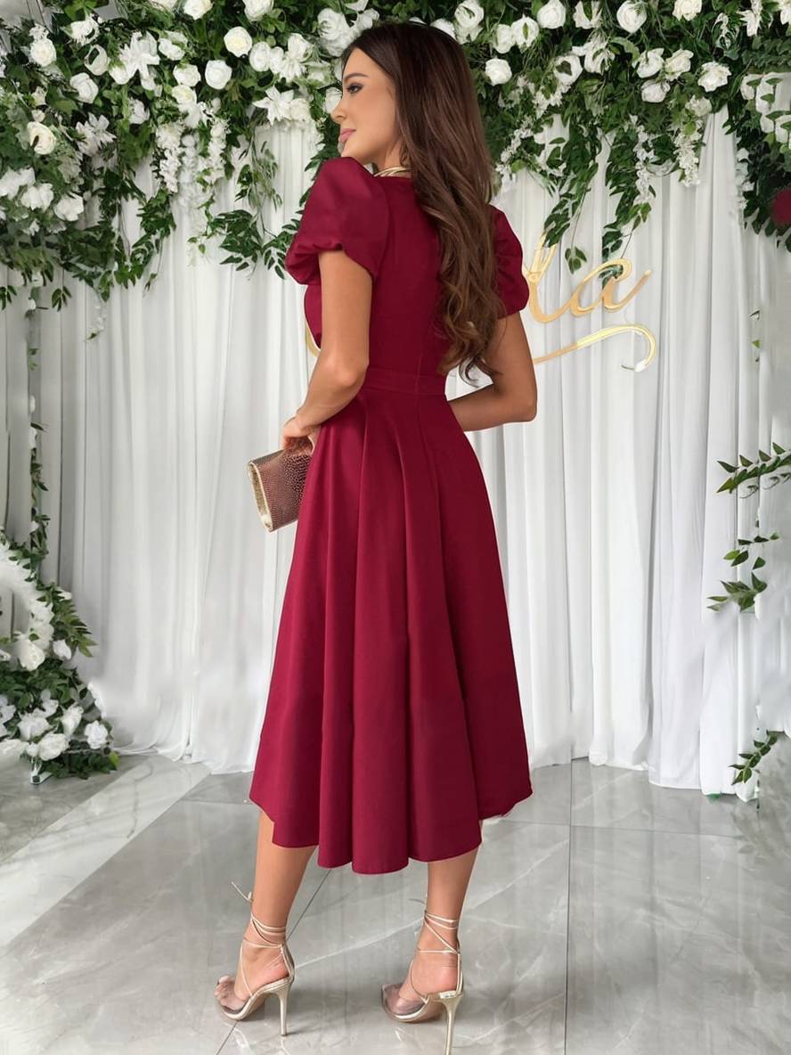 Womens Midi Dress Puff Sleeve Flared Skirt
