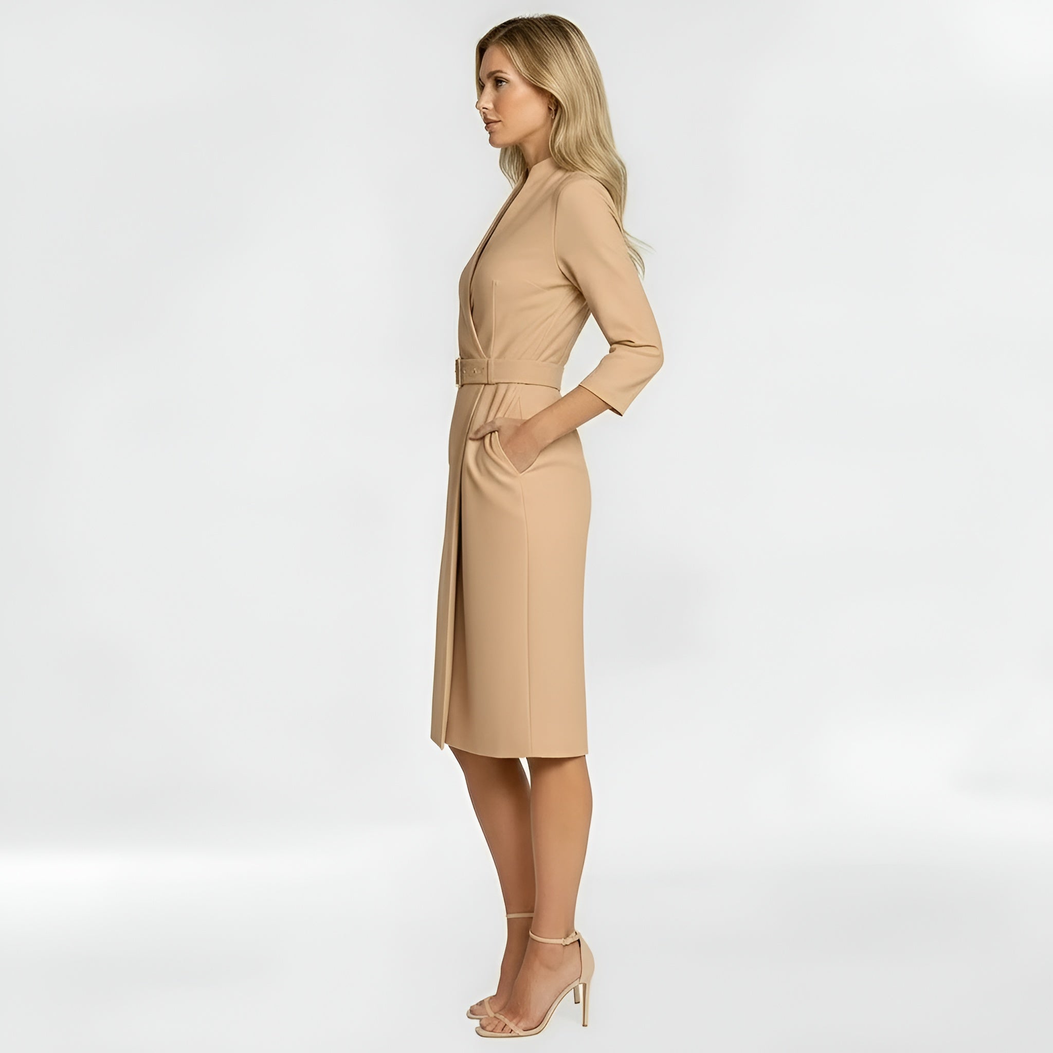 Womens Midi Dress V Neck Three Quarter Sleeve Slim Fit Belt