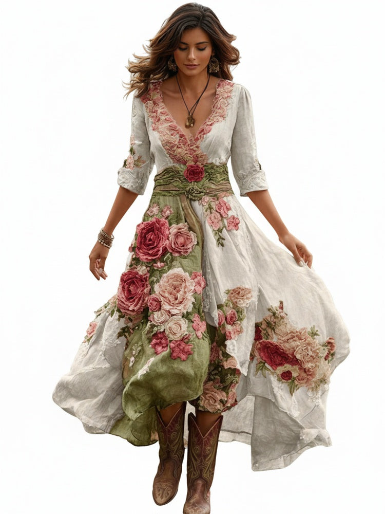 Womens Midi Dress V Neck Floral Print Asymmetric Hem