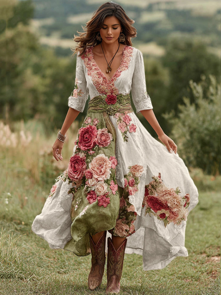 Womens Midi Dress V Neck Floral Print Asymmetric Hem