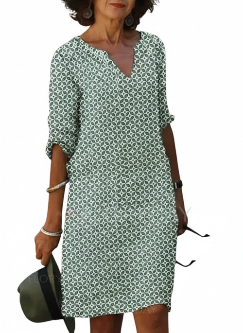 Womens Midi Dress V Neck Three Quarter Sleeve Geometric Print