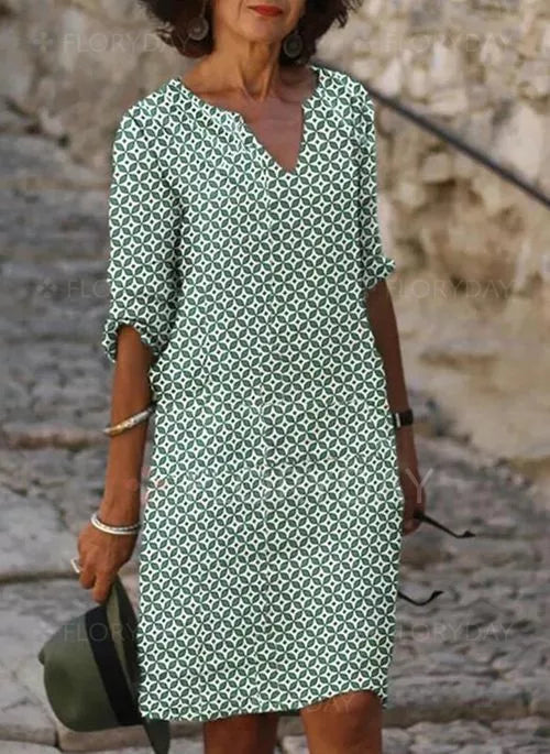 Womens Midi Dress V Neck Three Quarter Sleeve Geometric Print